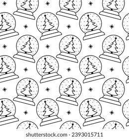 Pattern of glass snow globe with christmas tree and snowflakes. Doodle pattern of Christmas glass snow globes with christmas tree in black and white style
