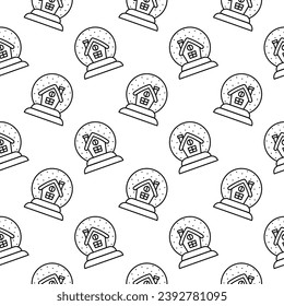Pattern of glass snow globe with house, Christmas decorative design. Doodle pattern of Christmas glass snow globes with snowflakes in black and white style