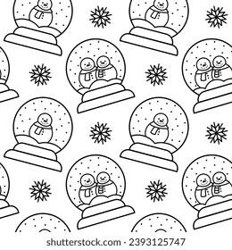 Pattern of glass snow globe with snowman and snowflakes. Doodle pattern of Christmas glass snow globes with snowman in black and white style