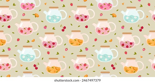 Pattern with glass teapots with different flavors
