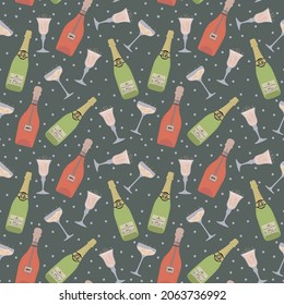 A pattern with glasses and bottles of champagne. Background with different bottles and glasses. Backing for textiles with champagne. Vector illustration