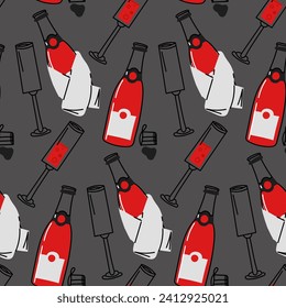 El patrón de gafas, champán en una toalla sobre un fondo gris. Patrón inmaculado de botellas de vino y vasos en un fondo gris. Ilustración vectorial. restaurante, romance, fecha, cortejo