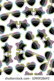 pattern with glasses with a frame of different shapes of the color of the rainbow