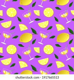 Pattern with glasses and lemons. Cocktail party. Summer holidays. Vector illustration on a pink background. Modern creative design for gifts, banners, brochures, greetings and invitations.
