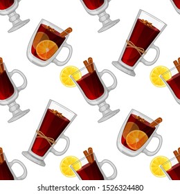 Pattern with glasses of mulled wine. Restaurant illustration. Winter season illustration. White background. Bar menu design. Vector illustration.