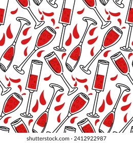 El patrón son los vasos con bebidas alcohólicas rojas. Gafas con alcohol rojo vertido, salpicaduras, vertidos. Ornamento vectorial plano de doodle. Día de San Valentín con colores rojo y negro sobre fondo blanco