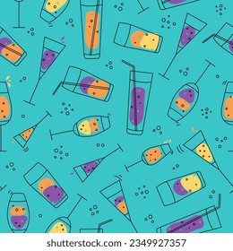 Gafas de patrón para vino. Vidrio. Goblets de vidrio con bebidas alcohólicas. Champagne, vacaciones. Estilo Doodle. El fondo es impecable. Gráficos vectoriales.
