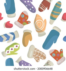 The pattern of the gloves is seamless. A set of knitted bright mittens. Vector illustration.
Winter time. Winter gloves or woolen mittens. Icons for the design. Interesting patterns and ornaments.