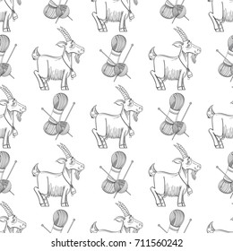 Pattern from goat and set of threads and knitting needles. Vector monochrome illustration isolated on white background