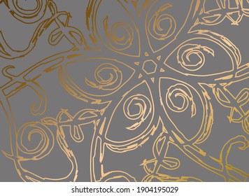 Pattern with gold abstract floral pattern on the brown background