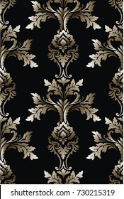 Pattern with gold Baroque damask on black background in classic vertical composition
