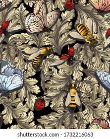 Pattern with gold baroque leaves-swirls and bright insects, ladybugs, butterflies, bees