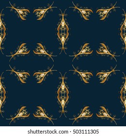 Pattern with Gold baroque swirls, classic, dark blue background. Vector