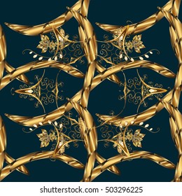 Pattern with Gold baroque swirls, classic, dark blue background. Vector