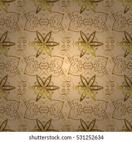 Pattern with Gold baroque swirls, classic, dark beige background. Vector