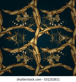 Pattern with Gold baroque swirls, classic, dark blue background. Vector