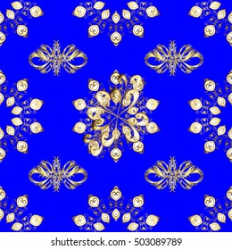 Pattern with Gold baroque swirls,: gold on dark blue. Vector.