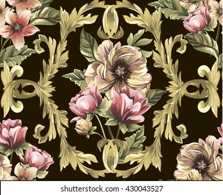Pattern with Gold baroque swirls, scrolls, damasks and bouquet of flowers,tulip,peony, narcissus on black