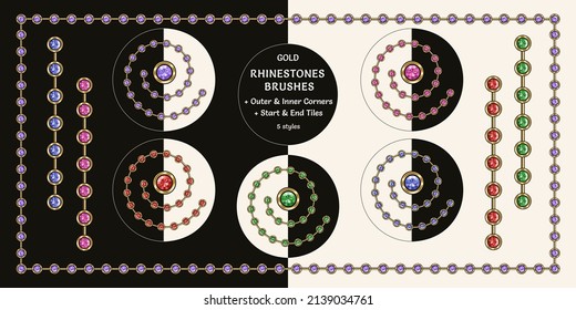 Muster goldfarbene Pinsel mit farbigen Rhinestonen. Kristallisationsfarben sind Amethyst-, Ruby-, Smaragde-, Saphir-, SpinelEdelsteine. Kettenbürsten mit Ecken, Ende und Anfang. Einzeln auf Schwarz, Weiß