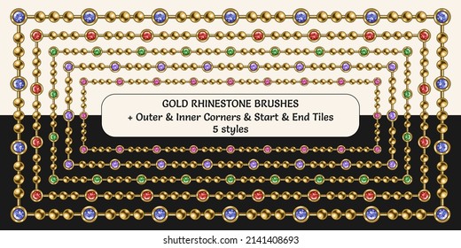 Patrón de brochas de oro con rhinestones de color, cuentas de metal. Los colores de los cristales son los colores de amatista, rubí, esmeralda, zafiro, gemas espinales. Láminas de cadena con esquinas, baldosas de cierre y de inicio.