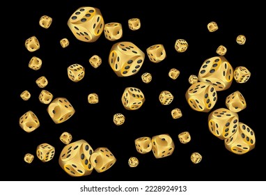 Pattern with Gold Casino Dice. Good luck symbol. Pattern for ads of parties, events in Vegas. Vector illustration for print, textile, paper