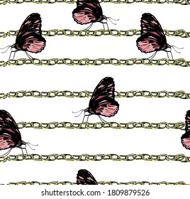 Pattern with gold chains with butterflies on  white background. Perfect for textile.