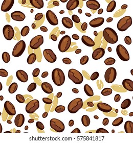 Pattern with gold and chocolate coffee beans on a white background. Vector illustration