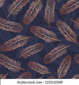 Pattern with gold feathers on a blue background. Suitable for curtains, wallpaper, fabrics, wrapping paper.