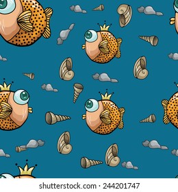 pattern with gold fish and seashells. vector