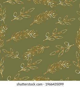 Pattern with gold foil branches with leaves on a khaki background. Trendy design. Abstract background with gold. Metallic drawing.