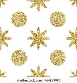 Pattern with gold glitter textured circle and star on the white background.