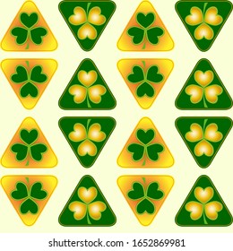 Pattern with gold and green shamrocks on triangle elements. Pattern for Patrick's day. Pattern with uniform elements.