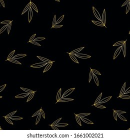 Pattern with gold leaves contour, on a black background, vector illustration for design and decor, prints, fabrics, wrapping paper, retro style, luxury