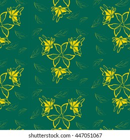 Pattern gold leaves and florets on a dark green background, vector illustration