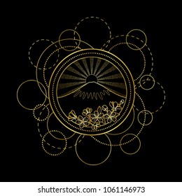 Pattern with gold mountains, sun and cherry flowers on black background