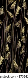 Pattern with gold  pampas grass, field grass on black background