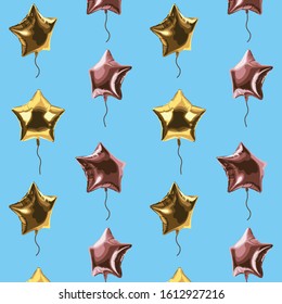 Pattern gold and pink metallic balloons in the blue sky