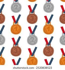 Um padrão de medalhas de ouro, prata e bronze para o primeiro, segundo e terceiro lugares, metais redondos suspensos por fitas azuis e vermelhas. Design gráfico plano repetitivo em branco. Ganhos, lugares