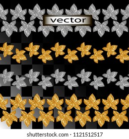 Pattern of gold and silver leaves, decor isolated on a transparent background seamless ornament linear .
