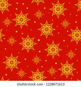 pattern of gold snowflakes on red background