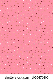 Pattern with gold sparkles on a pink background. Circles of golden color scattered in a chaotic manner