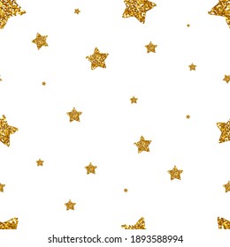 Pattern of gold stars in different sizes on a white background. Gift wrapping for the holiday. Vector. Illustration