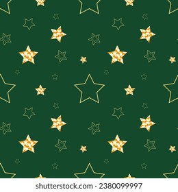 Patrón con estrellas doradas sobre fondo verde para las vacaciones de Navidad. Ilustración del vector