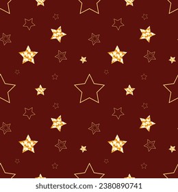Patrón con estrellas doradas sobre fondo rojo para las vacaciones de Navidad. Ilustración del vector