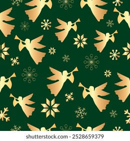Pattern with golden angels and snowflakes on a green background. Vector