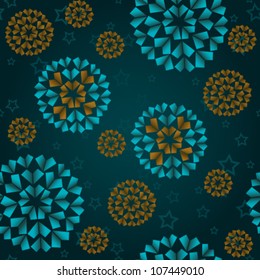 Pattern with golden and blue stylized snowflakes, background for greeting card, website, cover