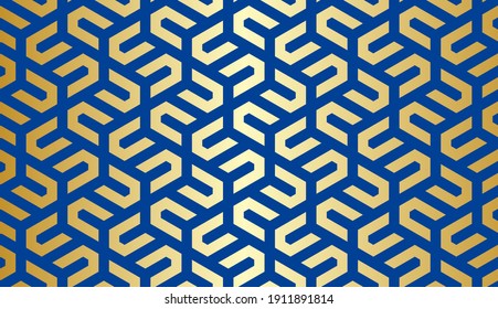 Pattern with golden bold stripes and chevrons on blue background. Seamless Abstract monochrome geometric vector drawing for textile, fabric and wrapping. Stylish design for sun louver and wrapping.