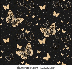 Pattern with golden butterflies on a black background. Suitable for curtains, wallpaper, fabrics, wrapping paper.