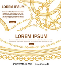 Pattern with golden chains. Place for text. Different types of chains,luxury decoration. Concept for greetings card or advertising flyer. Flat vector illustration on white background.