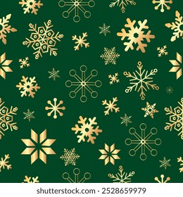 Pattern with golden christmas ornament snowflakes on a green background. Vector